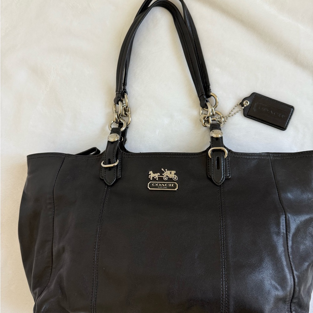 Coach Black Leather Tote Bag with Silver accents